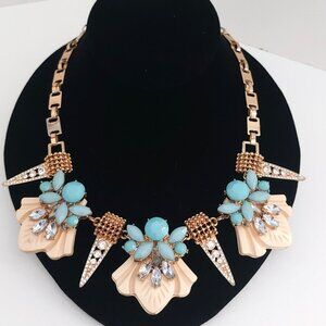 Anthropologie Necklace Pastel Blue Gold Rhinestones Collar Whimsical Statement